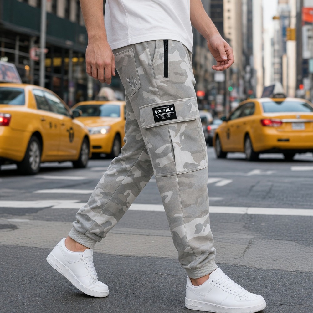 YoungLA Mens Grey Camo Cargo Jogger Pants Medium Tapered Gym Sweatpants 3045